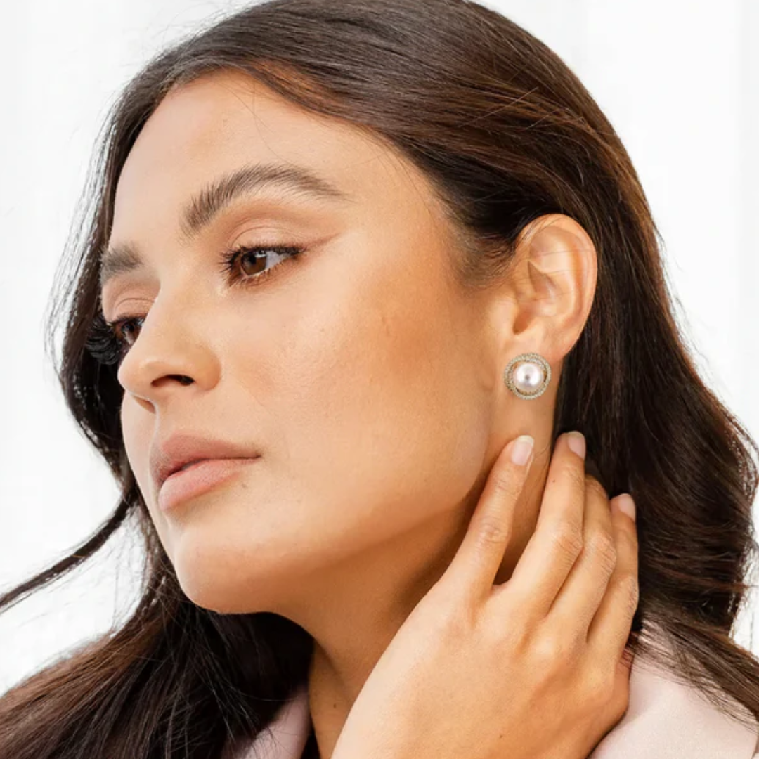 Round Pearl Earrings with Zirconia Accents