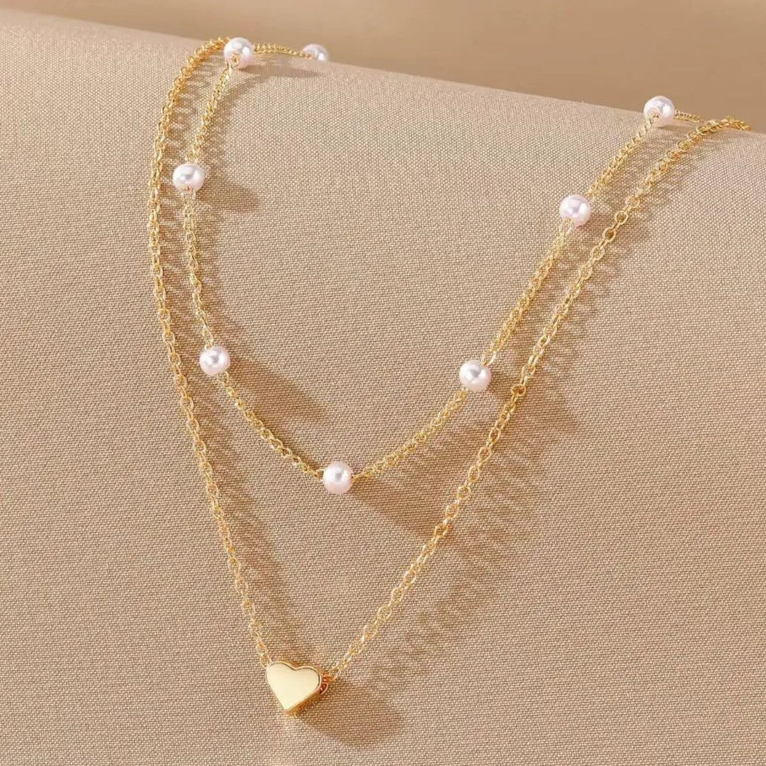 Double-Layer Pearl Necklace with Heart Pendant