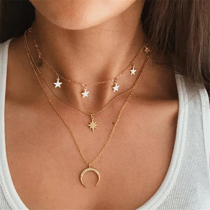 Triple Stars and Moon Necklace