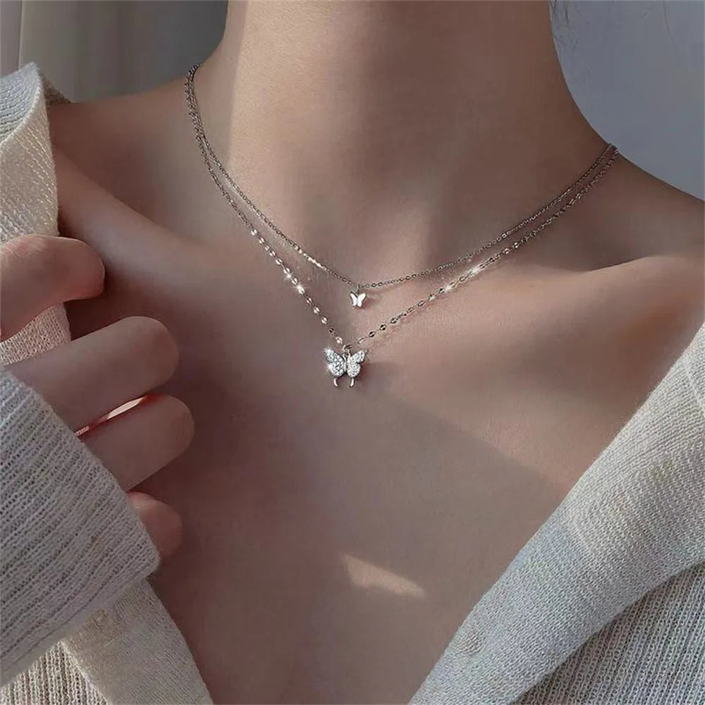 Double-Layer Necklace with Butterfly Pendant